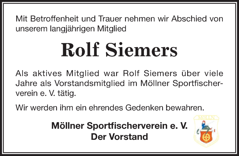  Traueranzeige für Rolf Siemers vom 11.10.2025 aus MARKT Ratzeburg/Mölln