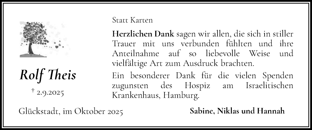  Traueranzeige für Rolf Theis vom 18.10.2025 aus Norddeutsche Rundschau, Wilstersche Zeitung, Glückstädter Fortuna