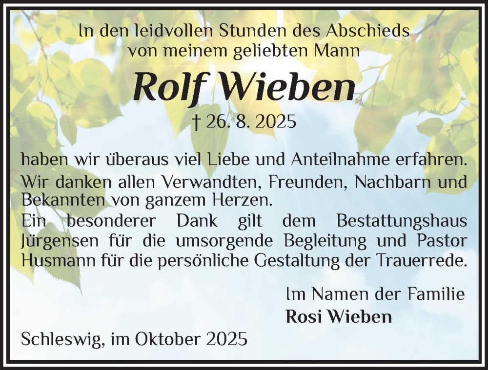  Traueranzeige für Rolf Wieben vom 04.10.2025 aus Schleswiger Nachrichten, Schlei-Bote