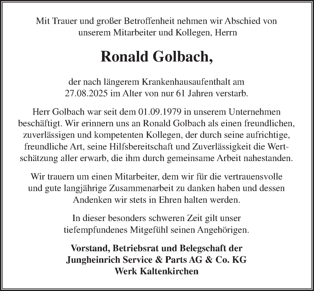  Traueranzeige für Ronald Golbach vom 11.10.2025 aus Umschau