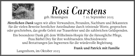 Traueranzeige von Rosi Carstens von Husumer Nachrichten, Nordfriesland Tageblatt