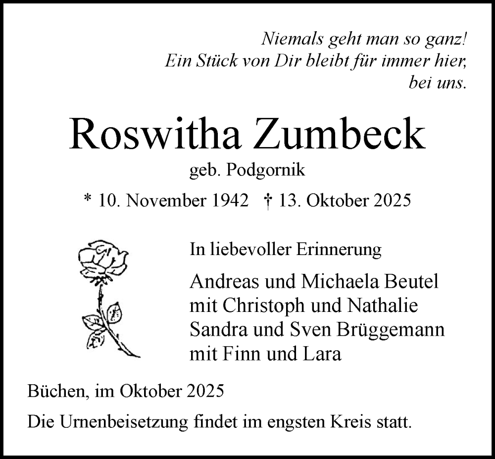  Traueranzeige für Roswitha Zumbeck vom 25.10.2025 aus Wochenend Anzeiger