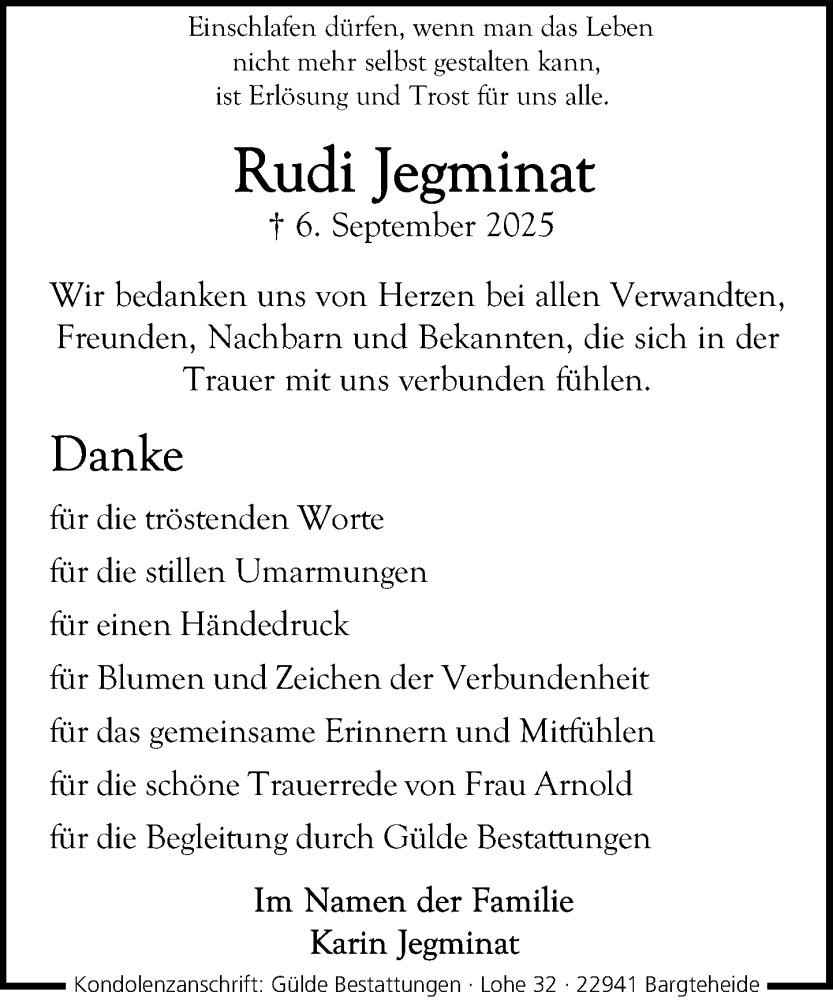  Traueranzeige für Rudi Jegminat vom 11.10.2025 aus MARKT Ahrensburg/Bargteheide/Trittau und Stormarner Tageblatt