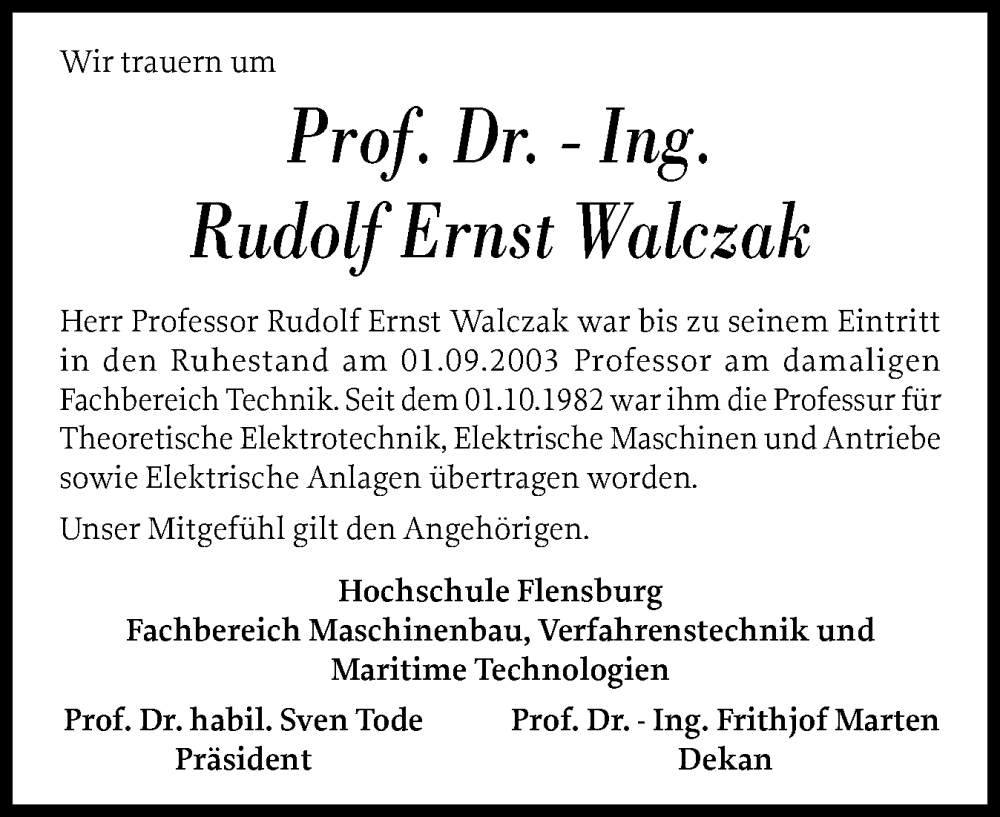  Traueranzeige für Rudolf Ernst Walczak vom 17.10.2025 aus Flensburger Tageblatt
