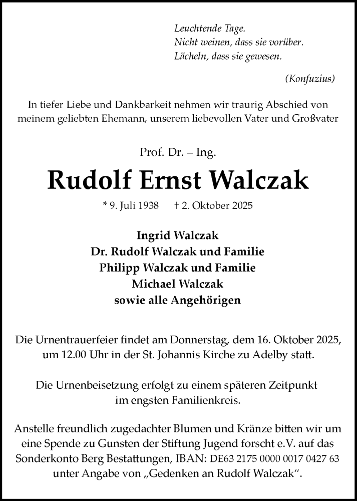  Traueranzeige für Rudolf Ernst Walczak vom 11.10.2025 aus Flensburger Tageblatt