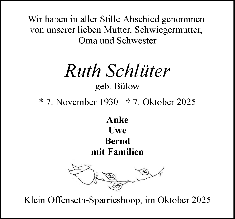  Traueranzeige für Ruth Schlüter vom 25.10.2025 aus Elmshorner Nachrichten, Barmstedter Zeitung