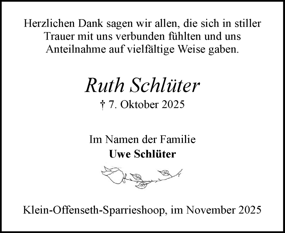  Traueranzeige für Ruth Schlüter vom 01.11.2025 aus Elmshorner Nachrichten, Barmstedter Zeitung
