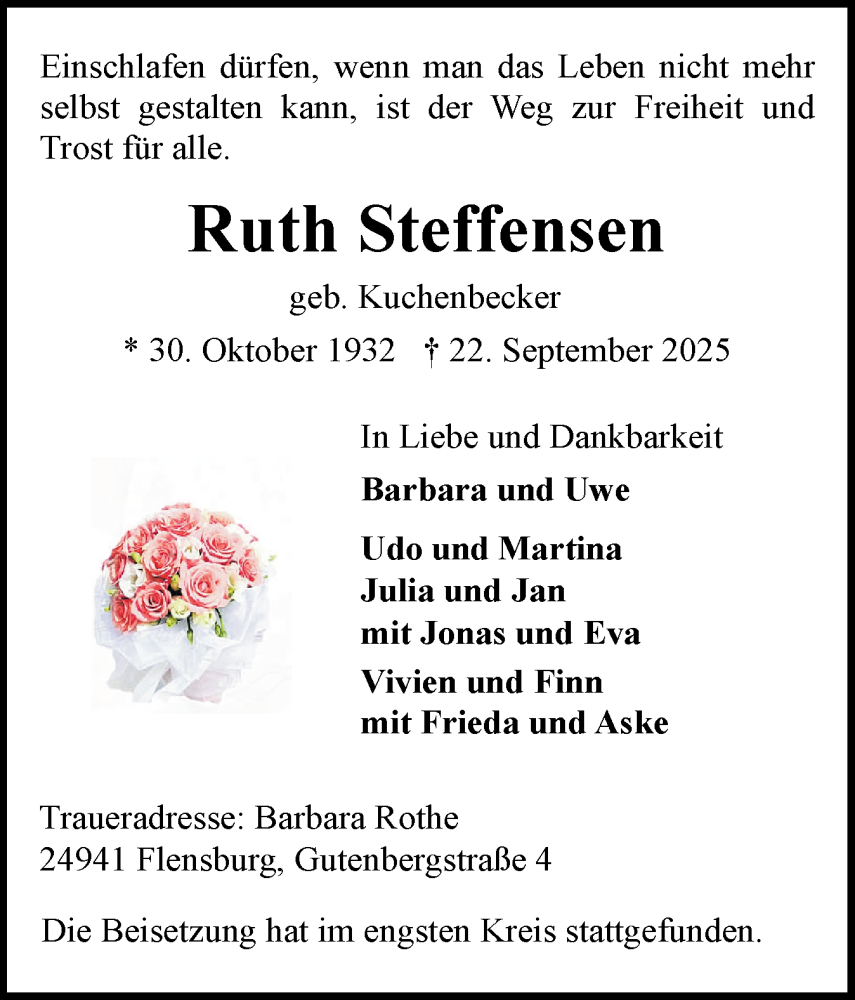  Traueranzeige für Ruth Steffensen vom 04.10.2025 aus Flensburger Tageblatt