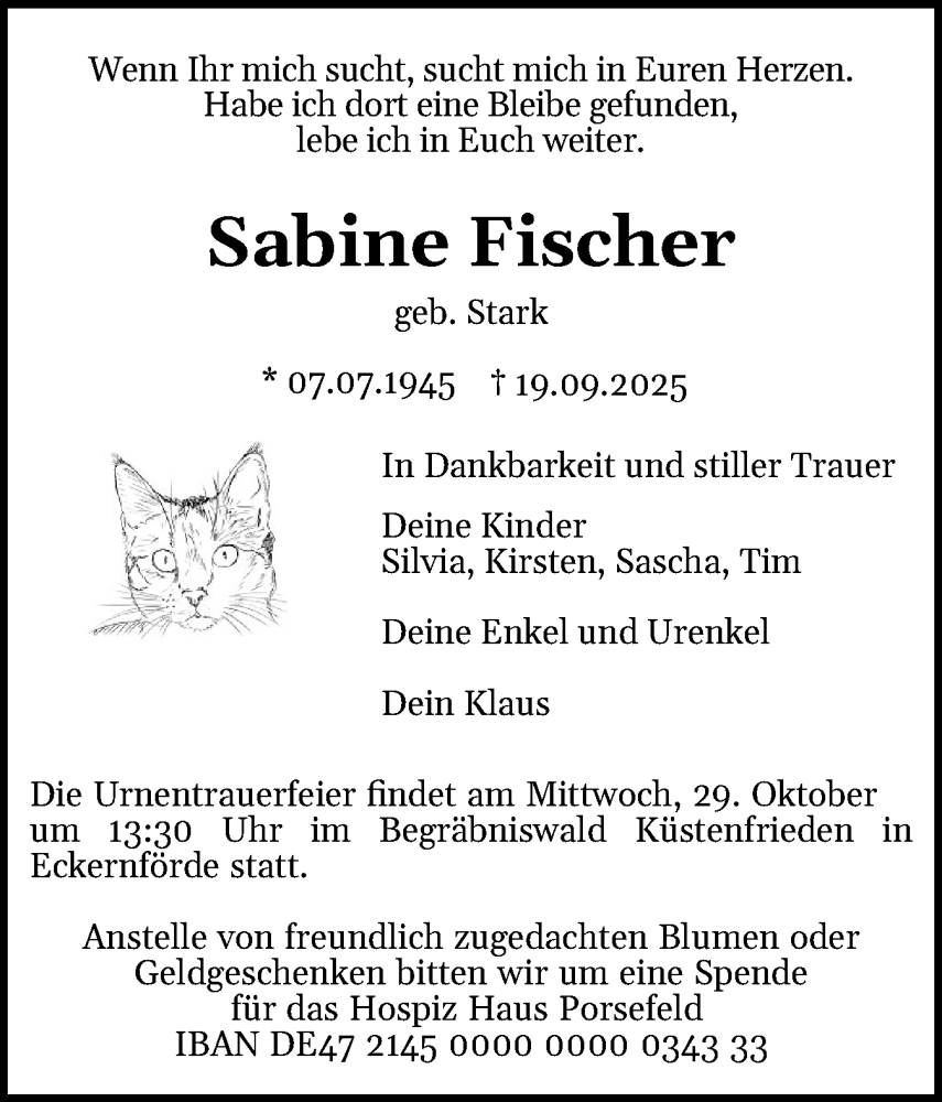  Traueranzeige für Sabine Fischer vom 18.10.2025 aus Schleswig-Holsteinische Landeszeitung