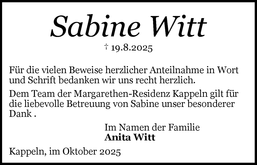  Traueranzeige für Sabine Witt vom 10.10.2025 aus Schleswiger Nachrichten, Schlei-Bote