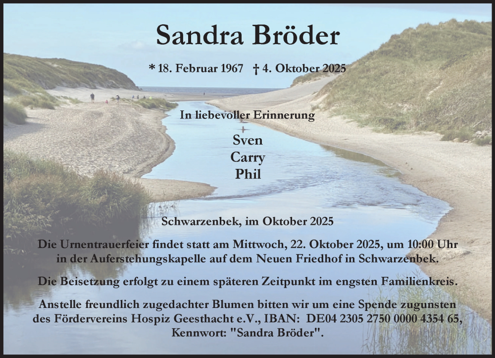  Traueranzeige für Sandra Bröder vom 11.10.2025 aus Wochenend Anzeiger