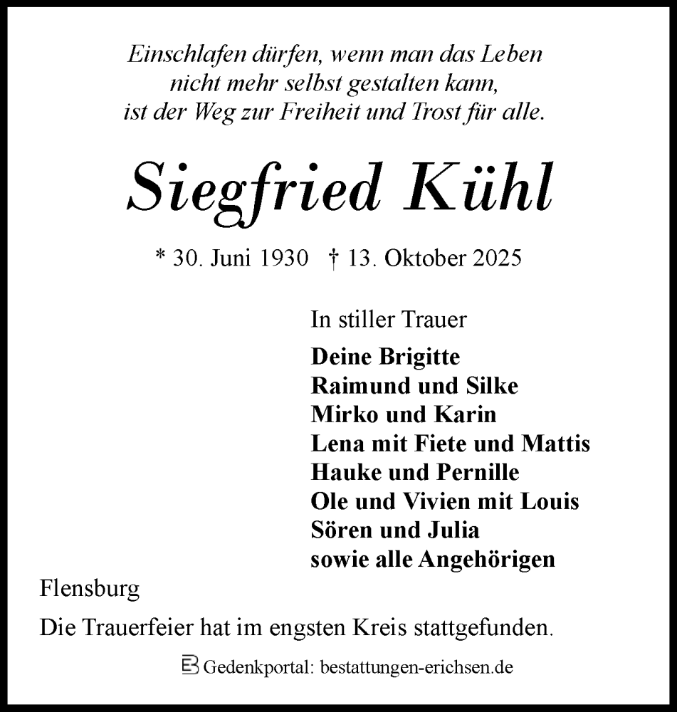  Traueranzeige für Siegfried Kühl vom 01.11.2025 aus Flensburger Tageblatt