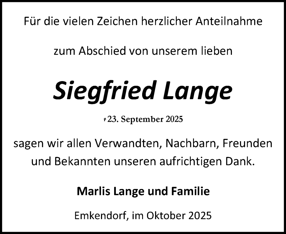  Traueranzeige für Siegfried Lange vom 18.10.2025 aus Schleswig-Holsteinische Landeszeitung