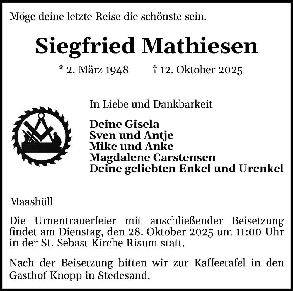  Traueranzeige für Siegfried Mathiesen vom 17.10.2025 aus Husumer Nachrichten, Nordfriesland Tageblatt
