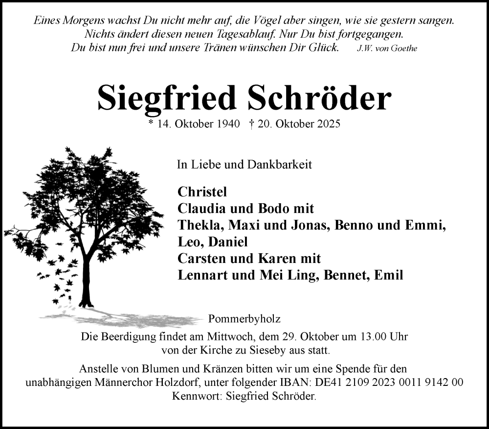  Traueranzeige für Siegfried Schröder vom 25.10.2025 aus Eckernförder Zeitung