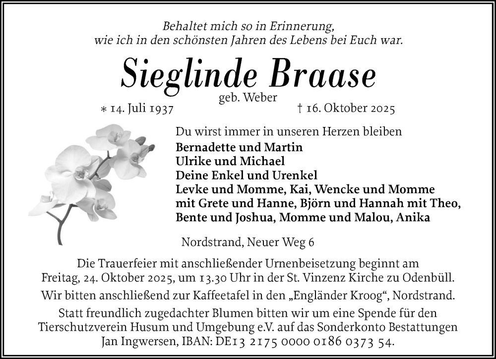  Traueranzeige für Sieglinde Braase vom 21.10.2025 aus Husumer Nachrichten, Nordfriesland Tageblatt