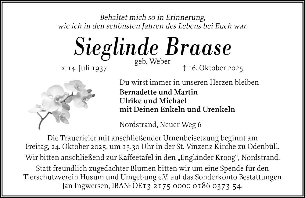  Traueranzeige für Sieglinde Braase vom 22.10.2025 aus Flensburger Tageblatt