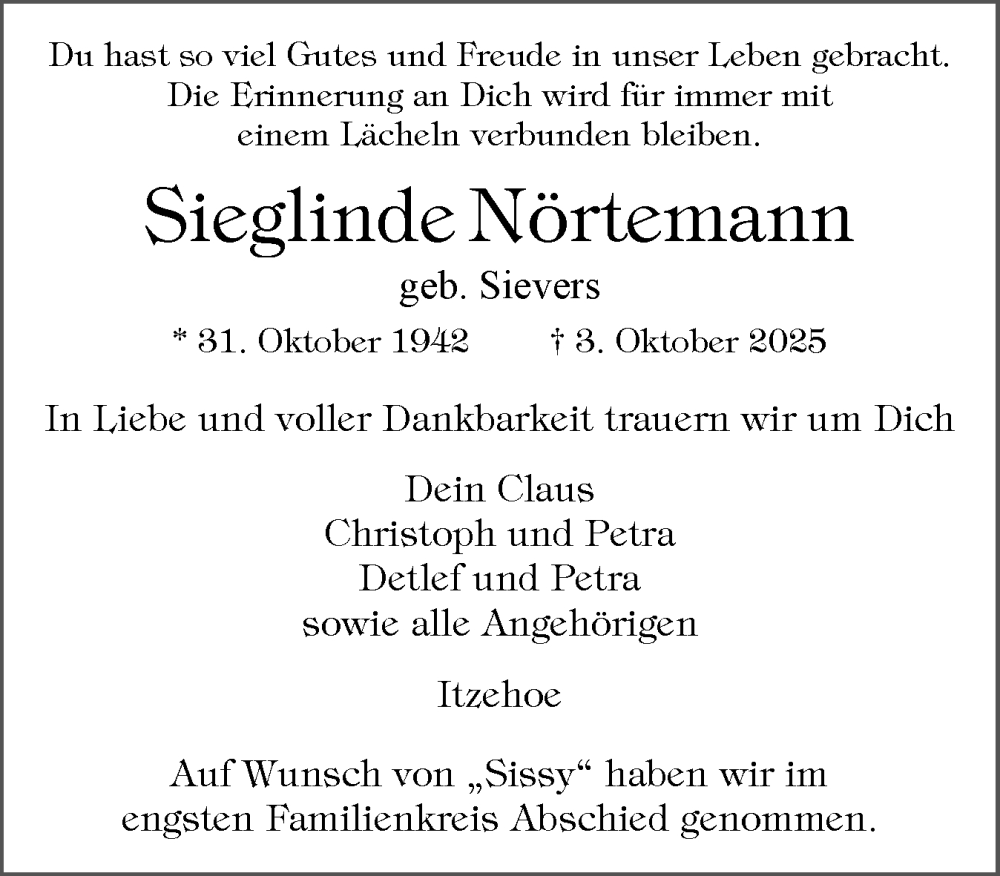  Traueranzeige für Sieglinde Nörtemann vom 11.10.2025 aus Norddeutsche Rundschau, Wilstersche Zeitung, Glückstädter Fortuna