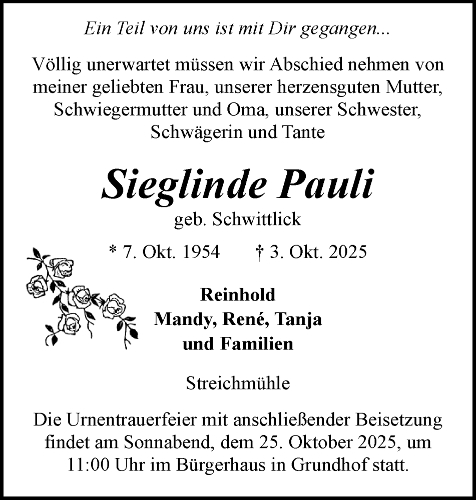  Traueranzeige für Sieglinde Pauli vom 11.10.2025 aus Flensburger Tageblatt