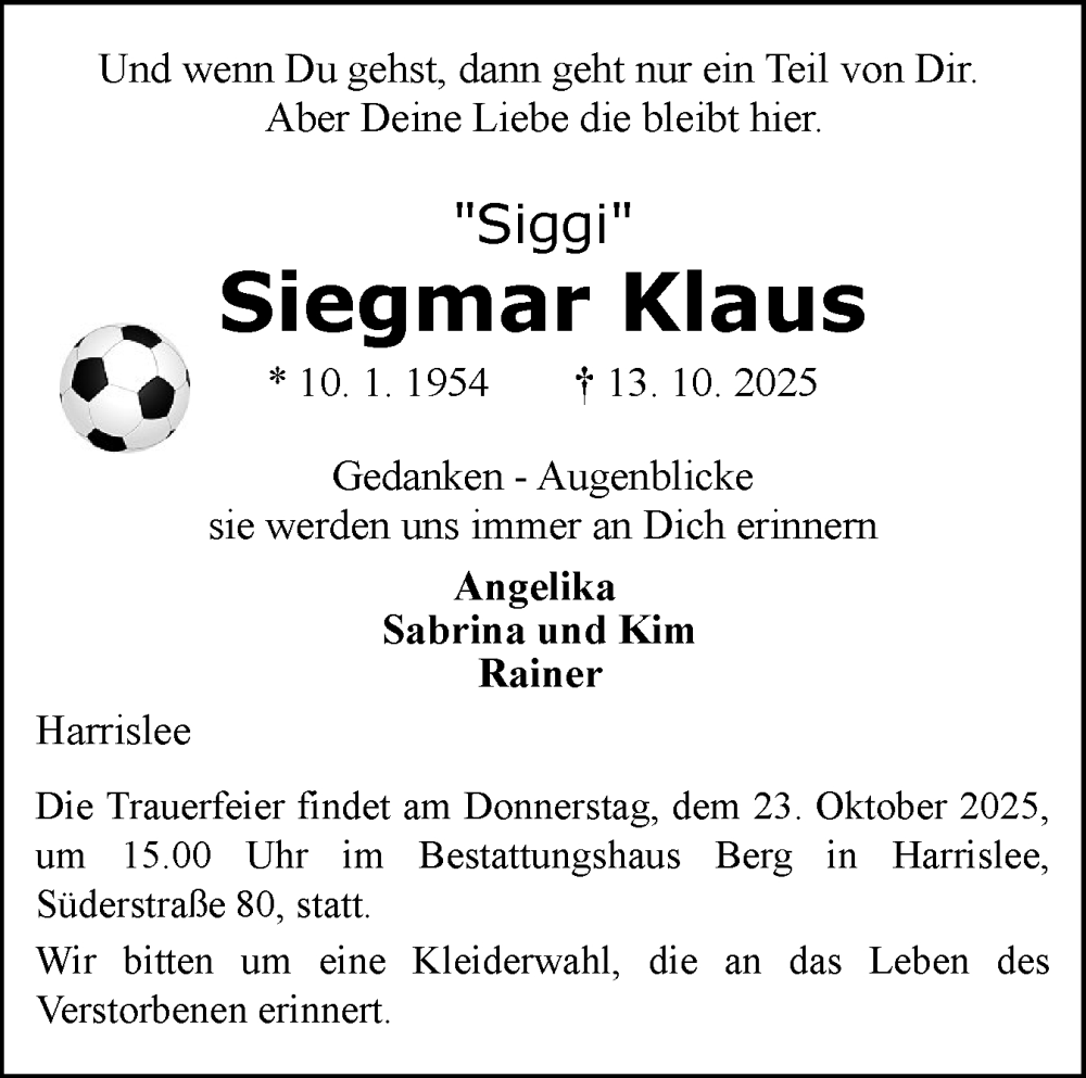  Traueranzeige für Siegmar Klaus vom 18.10.2025 aus Flensburger Tageblatt