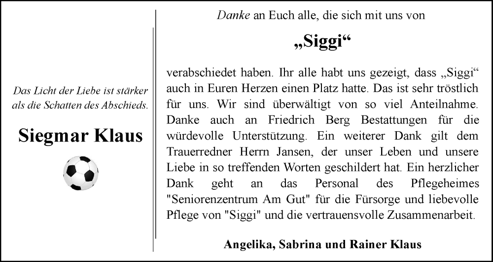  Traueranzeige für Siegmar Klaus vom 01.11.2025 aus Flensburger Tageblatt