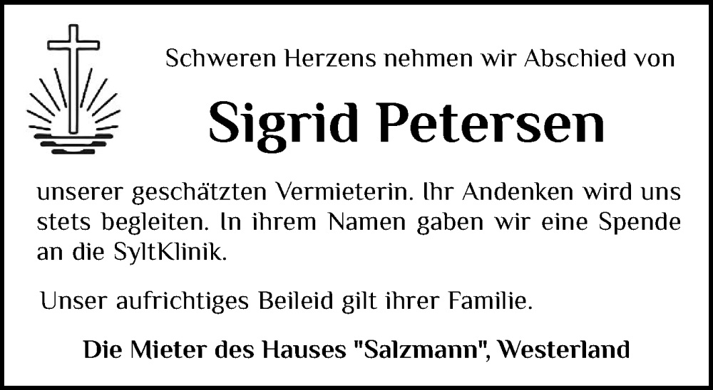  Traueranzeige für Sigrid Petersen vom 29.10.2025 aus Sylter Rundschau