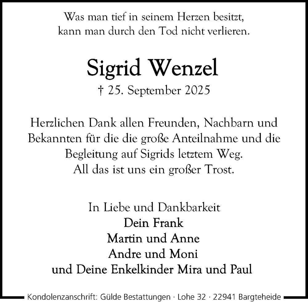  Traueranzeige für Sigrid Wenzel vom 01.11.2025 aus MARKT Ahrensburg/Bargteheide/Trittau und Stormarner Tageblatt