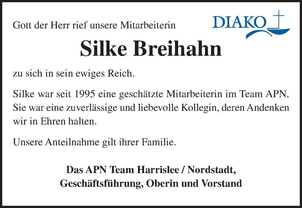  Traueranzeige für Silke Breihahn vom 17.10.2025 aus Flensburger Tageblatt