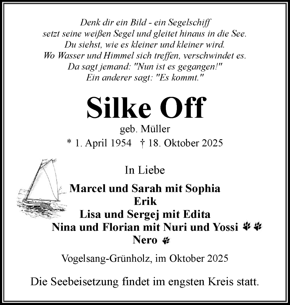  Traueranzeige für Silke Off vom 25.10.2025 aus Eckernförder Zeitung, Hallo Eckernförde