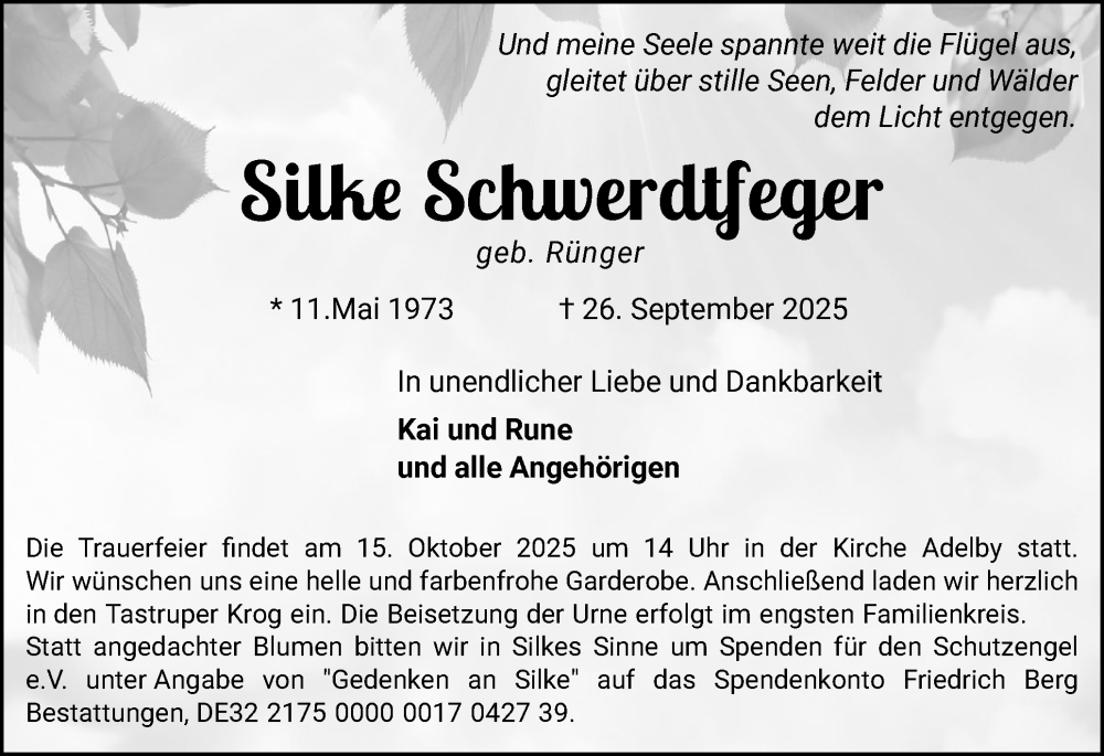  Traueranzeige für Silke Schwerdtfeger vom 04.10.2025 aus Flensburger Tageblatt