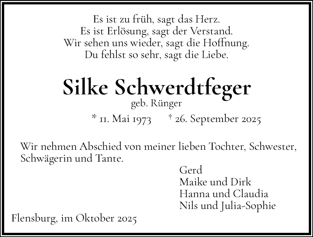  Traueranzeige für Silke Schwerdtfeger vom 11.10.2025 aus Flensburger Tageblatt
