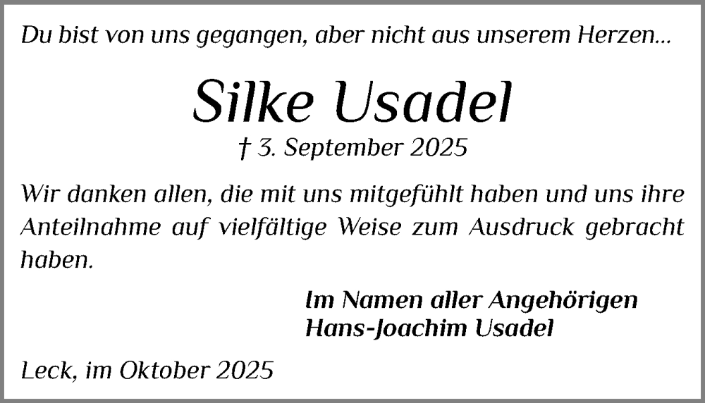  Traueranzeige für Silke Usadel vom 22.10.2025 aus Husumer Nachrichten, Nordfriesland Tageblatt