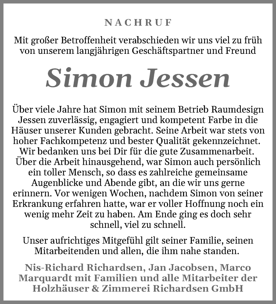  Traueranzeige für Simon Jessen vom 25.10.2025 aus Husumer Nachrichten, Nordfriesland Tageblatt