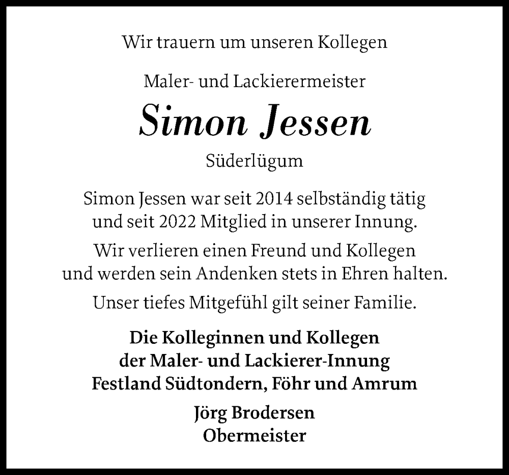  Traueranzeige für Simon Jessen vom 29.10.2025 aus Husumer Nachrichten, Nordfriesland Tageblatt