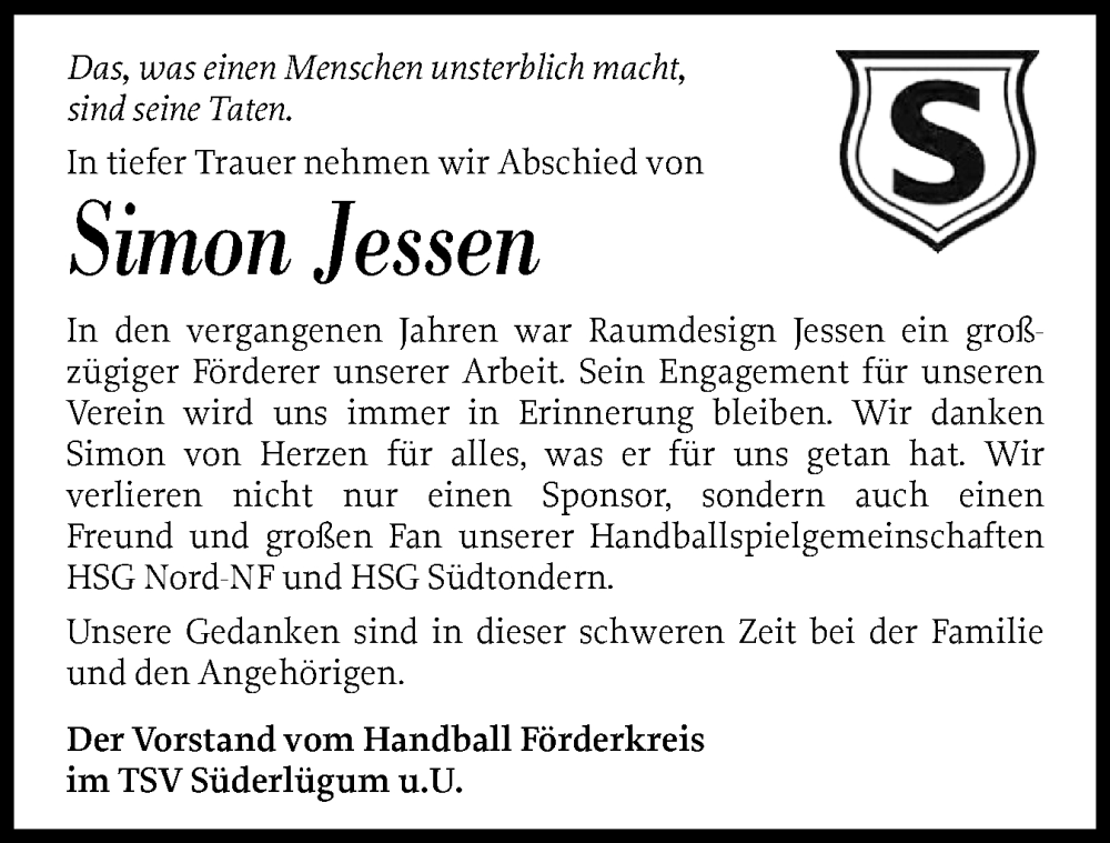  Traueranzeige für Simon Jessen vom 25.10.2025 aus Husumer Nachrichten, Nordfriesland Tageblatt