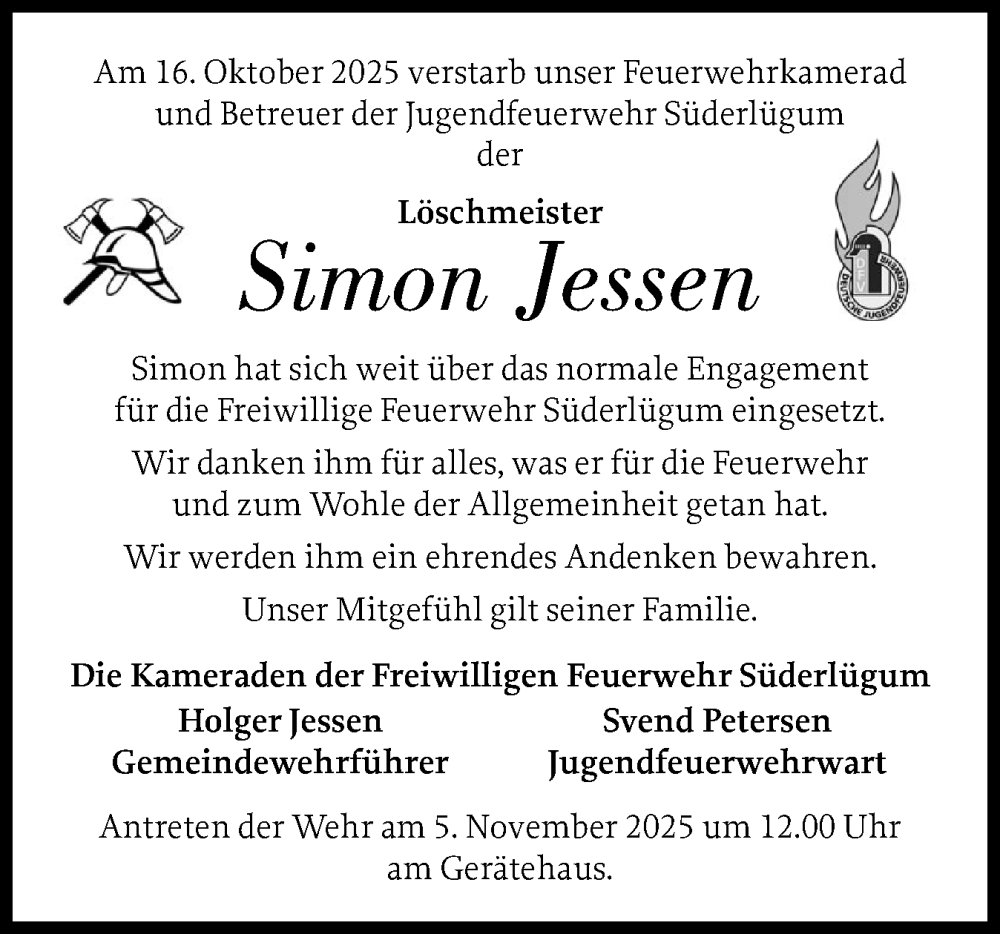  Traueranzeige für Simon Jessen vom 29.10.2025 aus Husumer Nachrichten, Nordfriesland Tageblatt