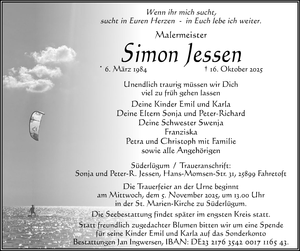  Traueranzeige für Simon Jessen vom 25.10.2025 aus Husumer Nachrichten, Nordfriesland Tageblatt