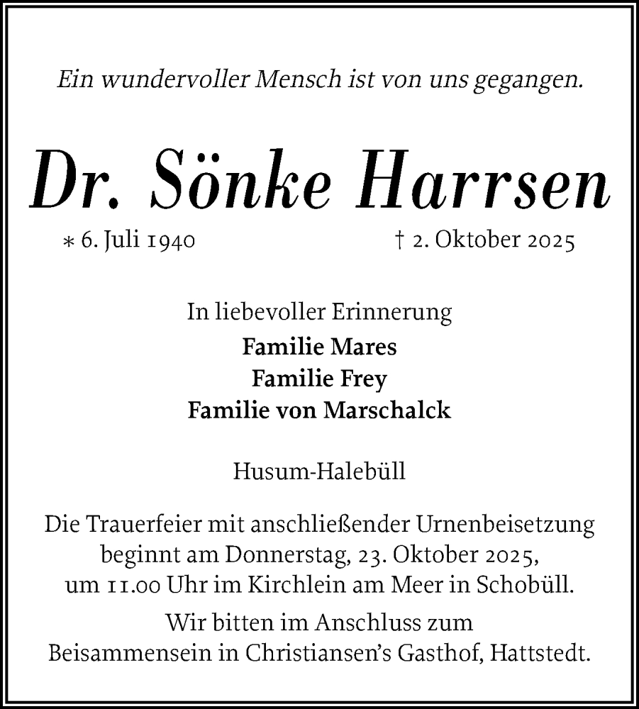  Traueranzeige für Sönke Harrsen vom 18.10.2025 aus Husumer Nachrichten, Nordfriesland Tageblatt