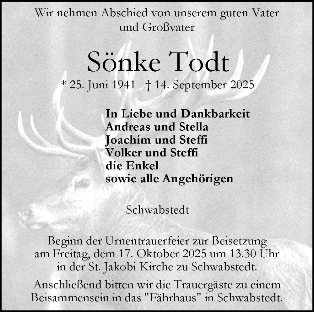 Traueranzeige für Sönke Todt vom 11.10.2025 aus Husumer Nachrichten, Nordfriesland Tageblatt