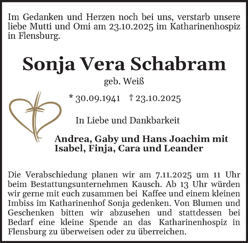  Traueranzeige für Sonja Vera Schabram vom 01.11.2025 aus Flensburger Tageblatt