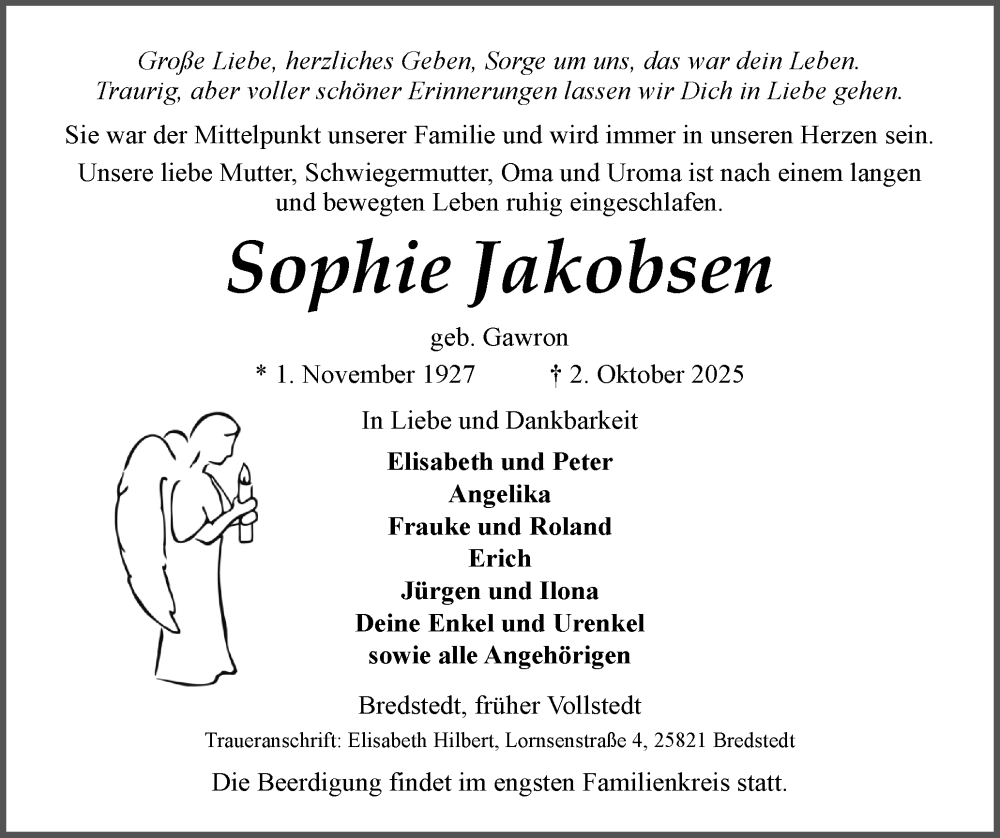  Traueranzeige für Sophie Jakobsen vom 07.10.2025 aus Husumer Nachrichten, Nordfriesland Tageblatt