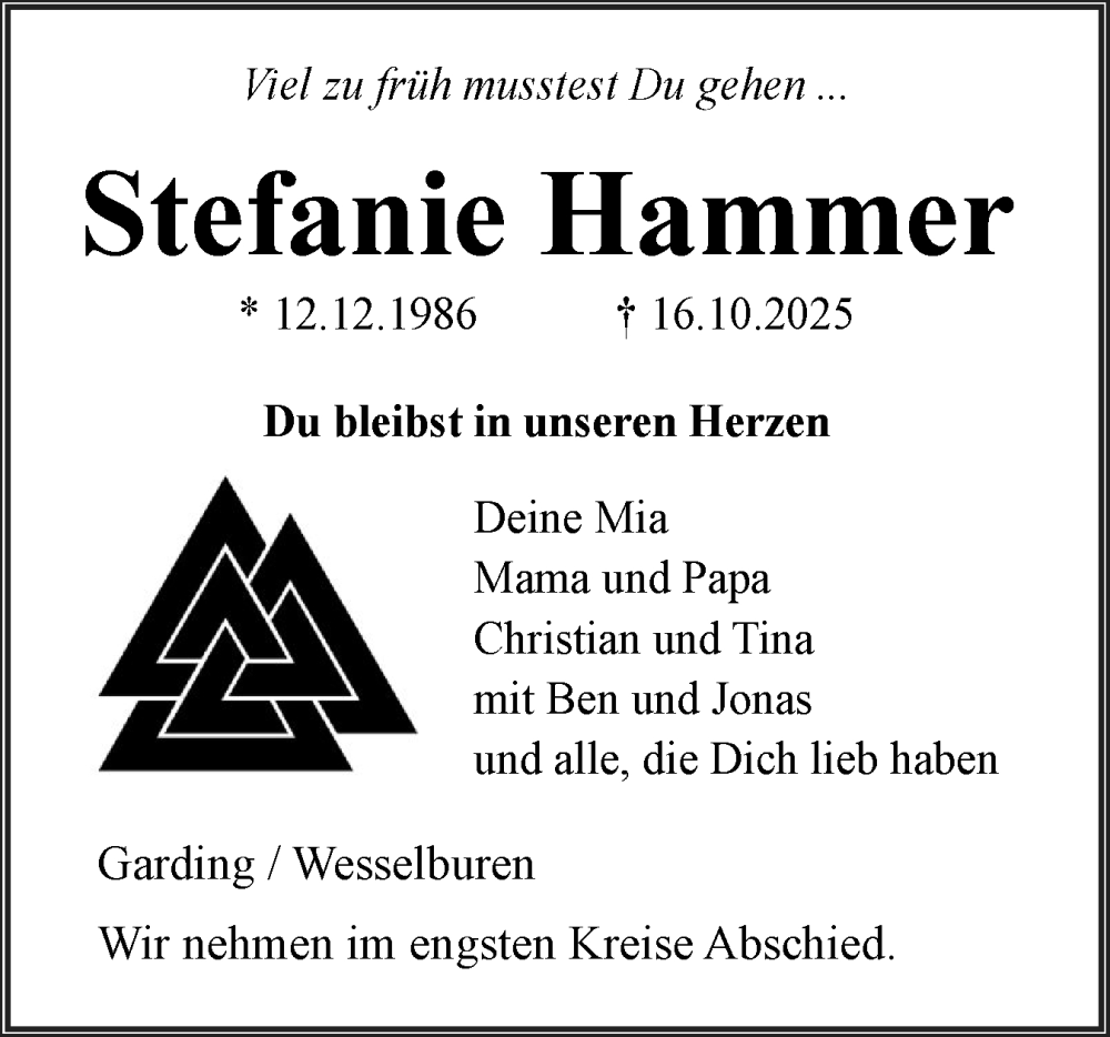  Traueranzeige für Stefanie Hammer vom 24.10.2025 aus Husumer Nachrichten, Nordfriesland Tageblatt