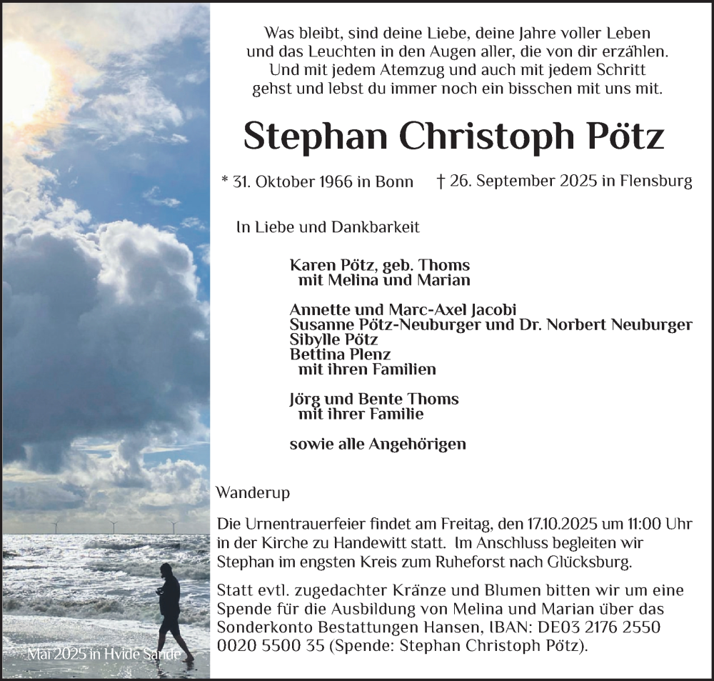  Traueranzeige für Stephan Christoph Pötz vom 04.10.2025 aus Region Flensburg
