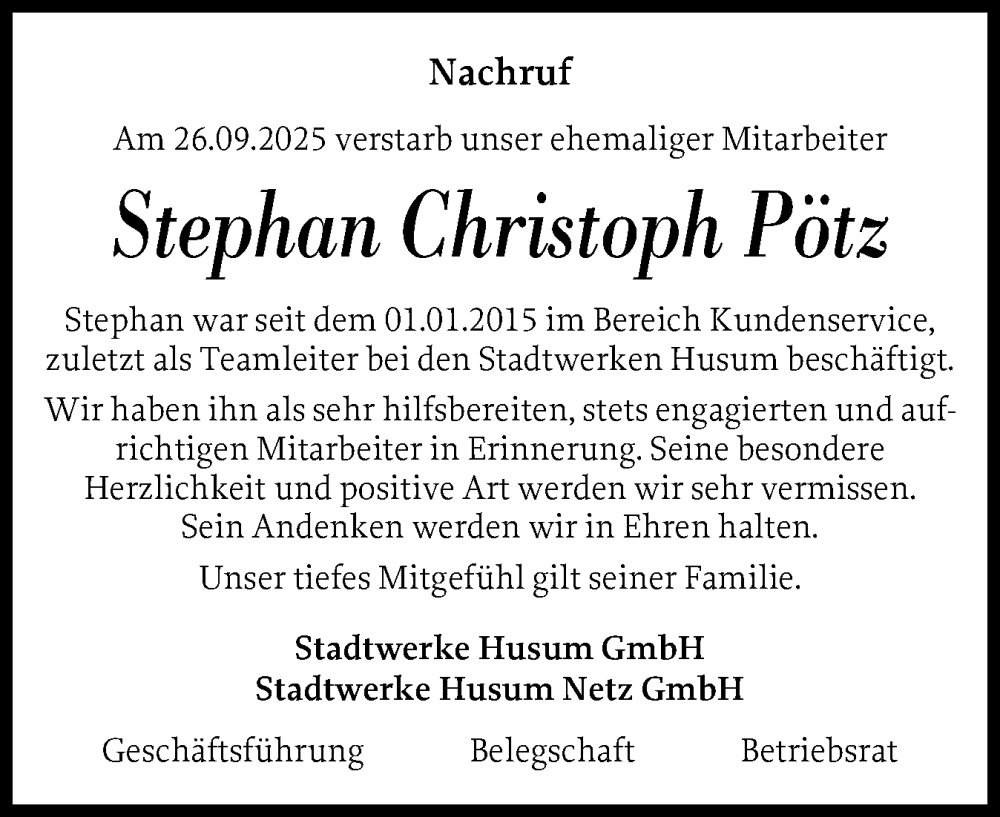  Traueranzeige für Stephan Christoph Pötz vom 11.10.2025 aus Husumer Nachrichten, Nordfriesland Tageblatt