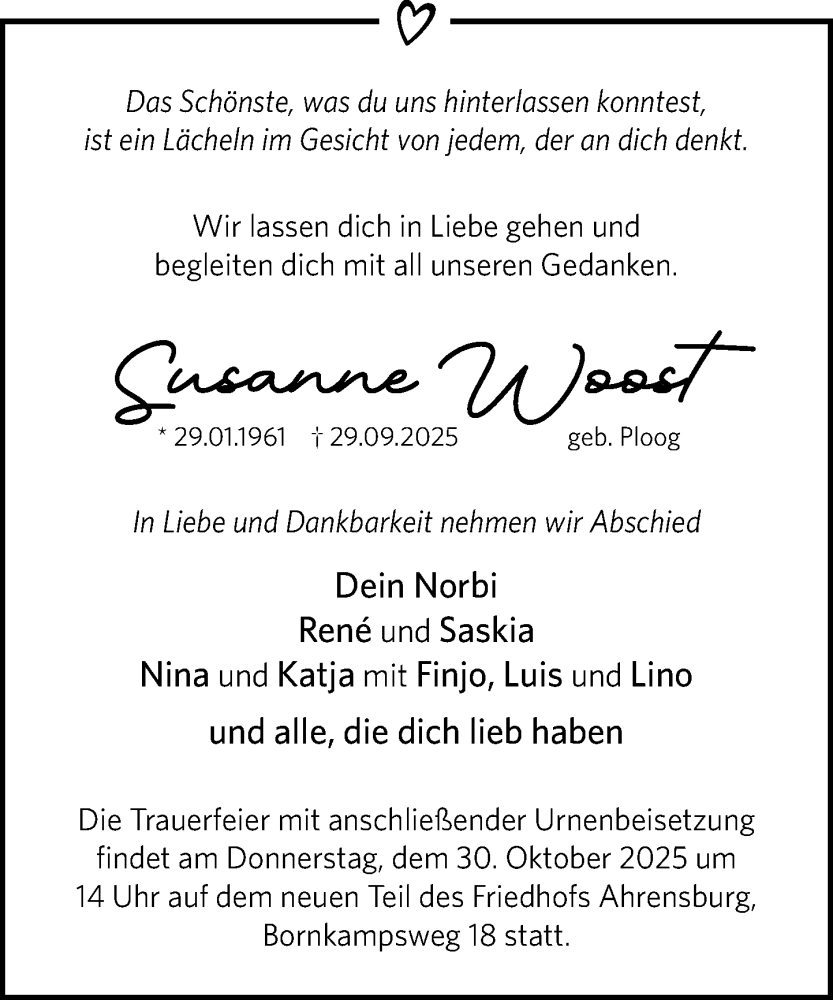  Traueranzeige für Susanne Woost vom 11.10.2025 aus MARKT Ahrensburg/Bargteheide/Trittau und Stormarner Tageblatt