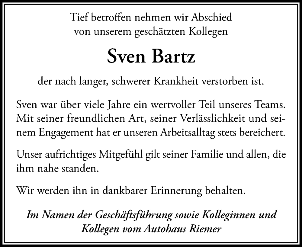  Traueranzeige für Sven Bartz vom 25.10.2025 aus MARKT Ratzeburg/Mölln