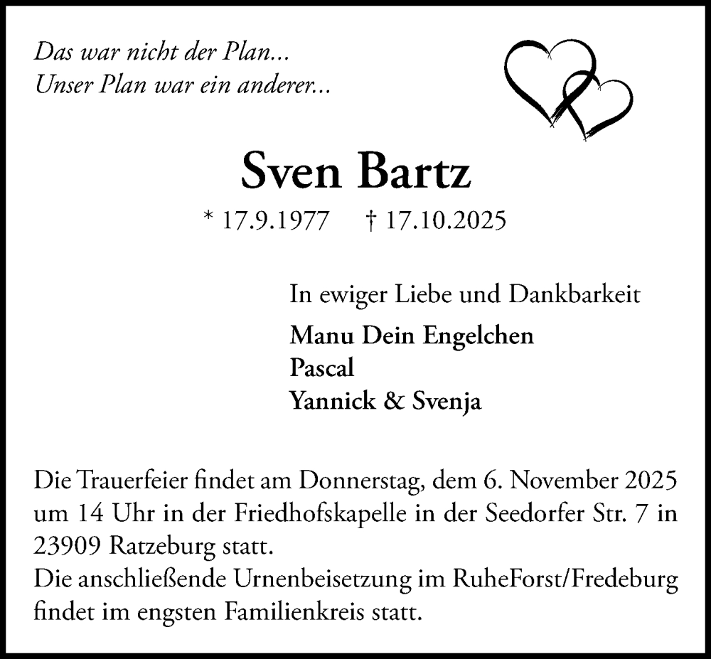  Traueranzeige für Sven Bartz vom 25.10.2025 aus MARKT Ratzeburg/Mölln