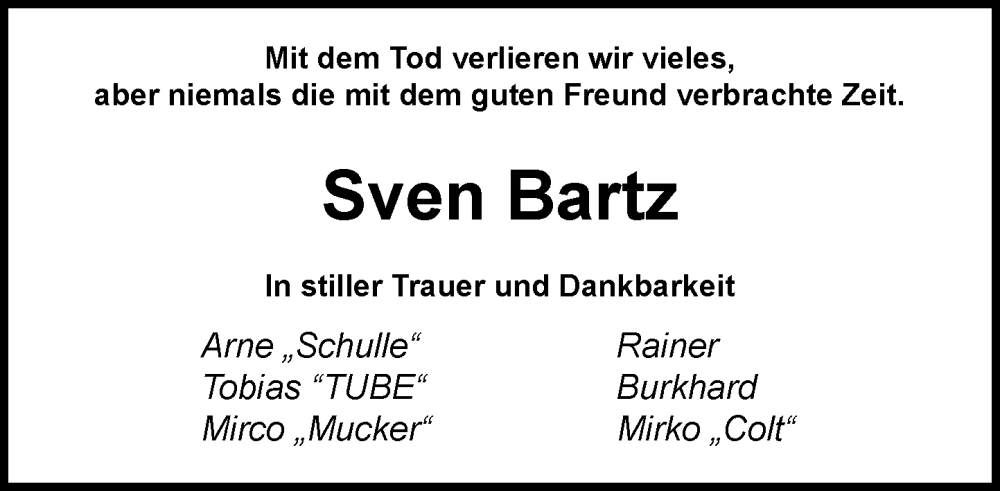  Traueranzeige für Sven Bartz vom 25.10.2025 aus MARKT Ratzeburg/Mölln