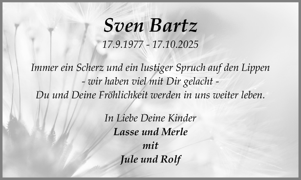  Traueranzeige für Sven Bartz vom 25.10.2025 aus MARKT Ratzeburg/Mölln