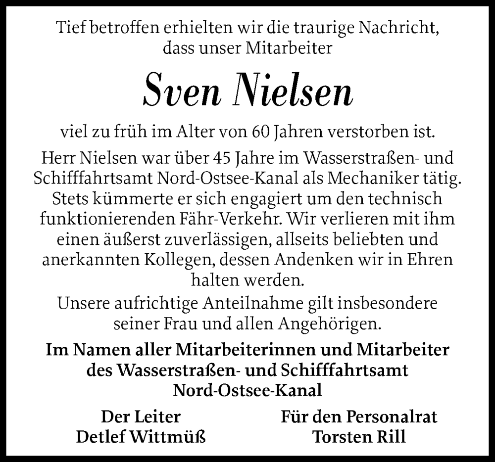  Traueranzeige für Sven Nielsen vom 18.10.2025 aus Schleswig-Holsteinische Landeszeitung